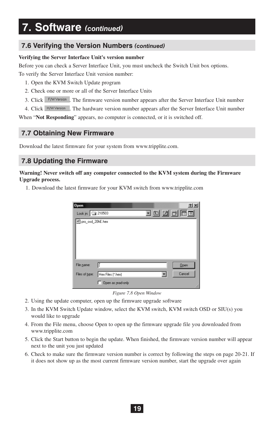 Software, 8 updating the firmware 7.7 obtaining new firmware, Continued) 7.6 verifying the version numbers | Tripp Lite NetCommander B072-016-1 User Manual | Page 19 / 24