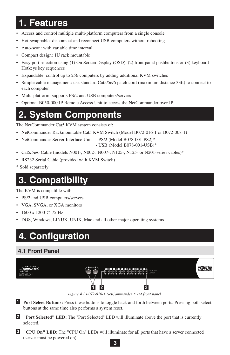 1 front panel | Tripp Lite NetCommander B072-016-1 User Manual | Page 3 / 24