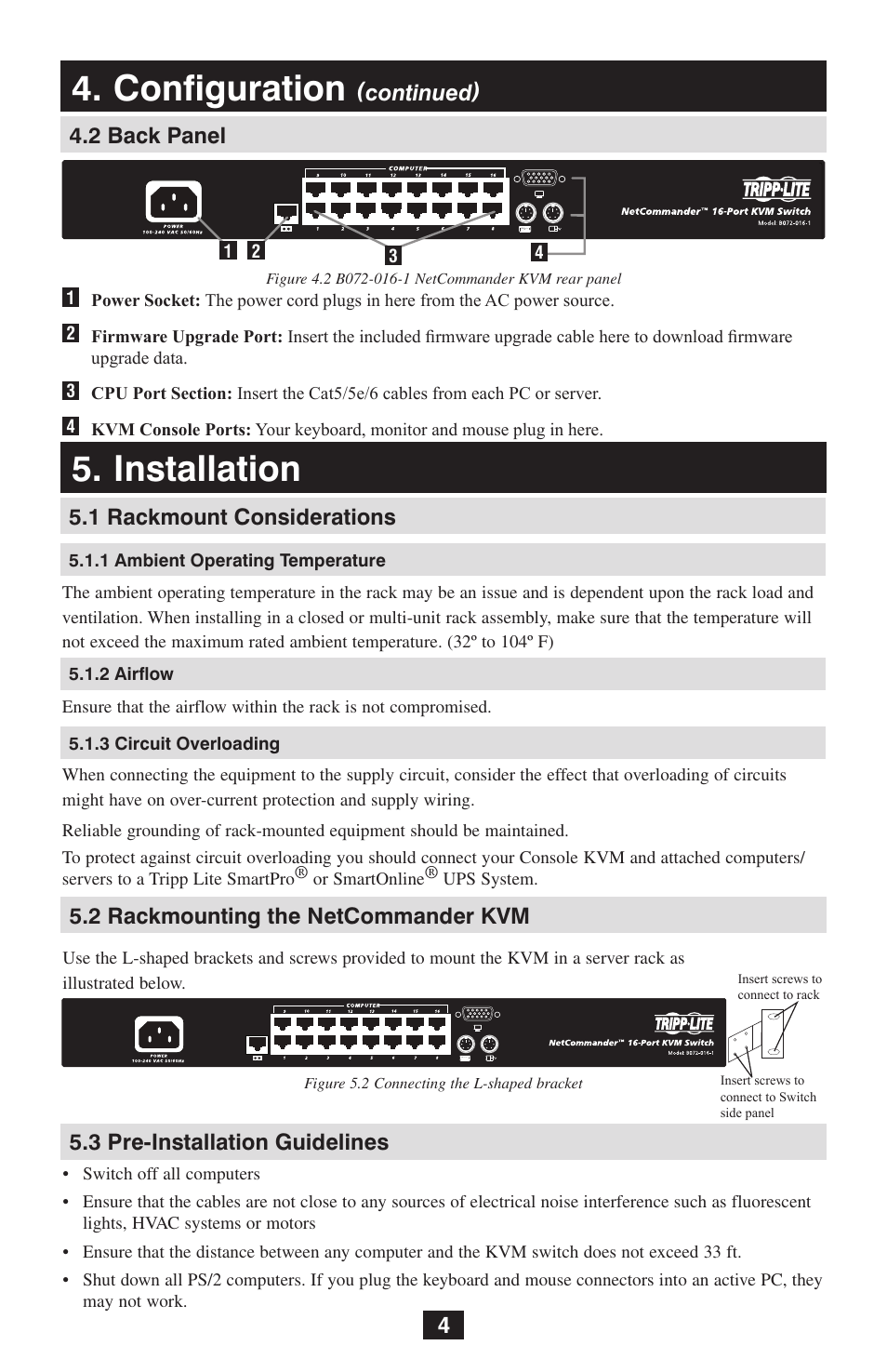 Installation, Configuration, 2 rackmounting the netcommander kvm | 3 pre-installation guidelines, Continued), 1 rackmount considerations, 2 back panel | Tripp Lite NetCommander B072-016-1 User Manual | Page 4 / 24