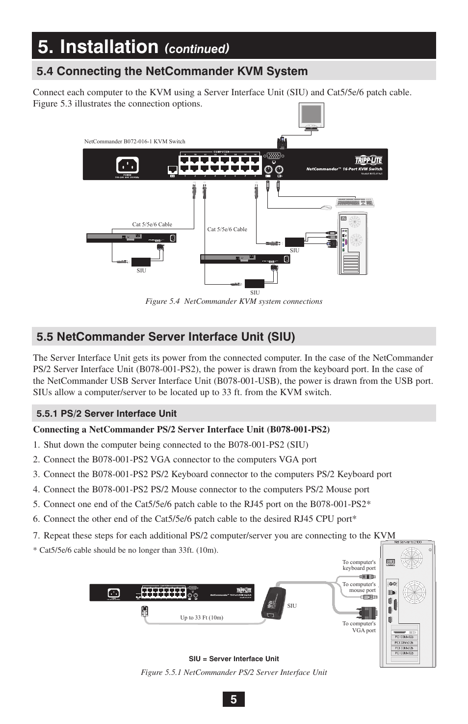 Installation, 4 connecting the netcommander kvm system 5, Continued) | 5 netcommander server interface unit (siu) | Tripp Lite NetCommander B072-016-1 User Manual | Page 5 / 24
