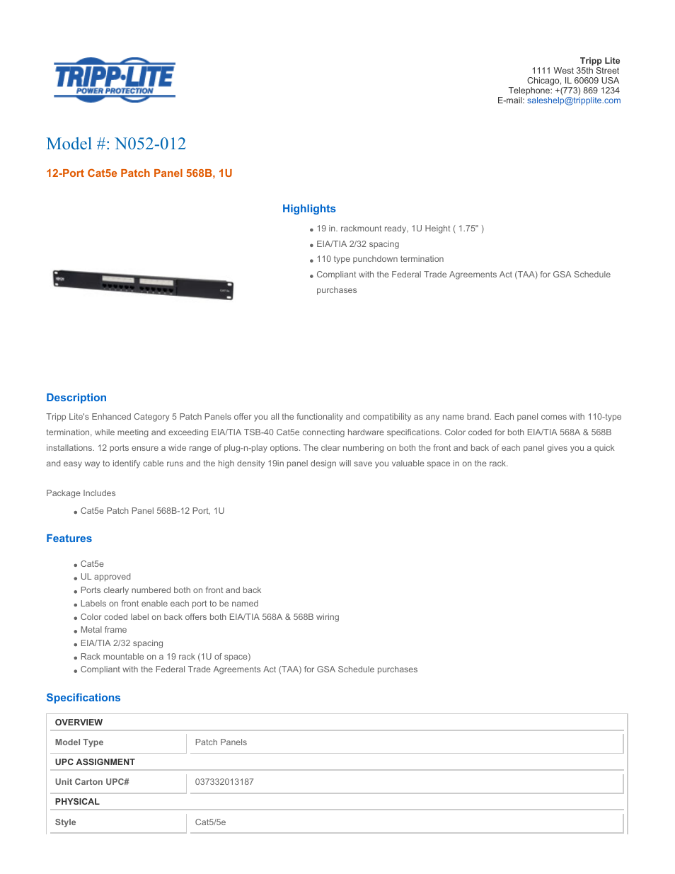 Tripp Lite 12-Port Cat5e Patch Panel 568B N052-012 User Manual | 2 pages