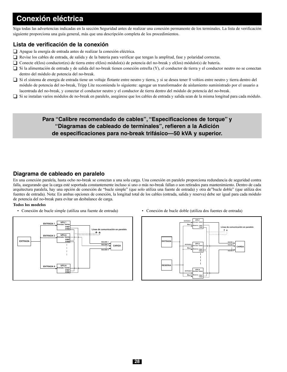 Conexión eléctrica, Diagrama de cableado en paralelo, Lista de verificación de la conexión | Tripp Lite 220/380V User Manual | Page 28 / 56