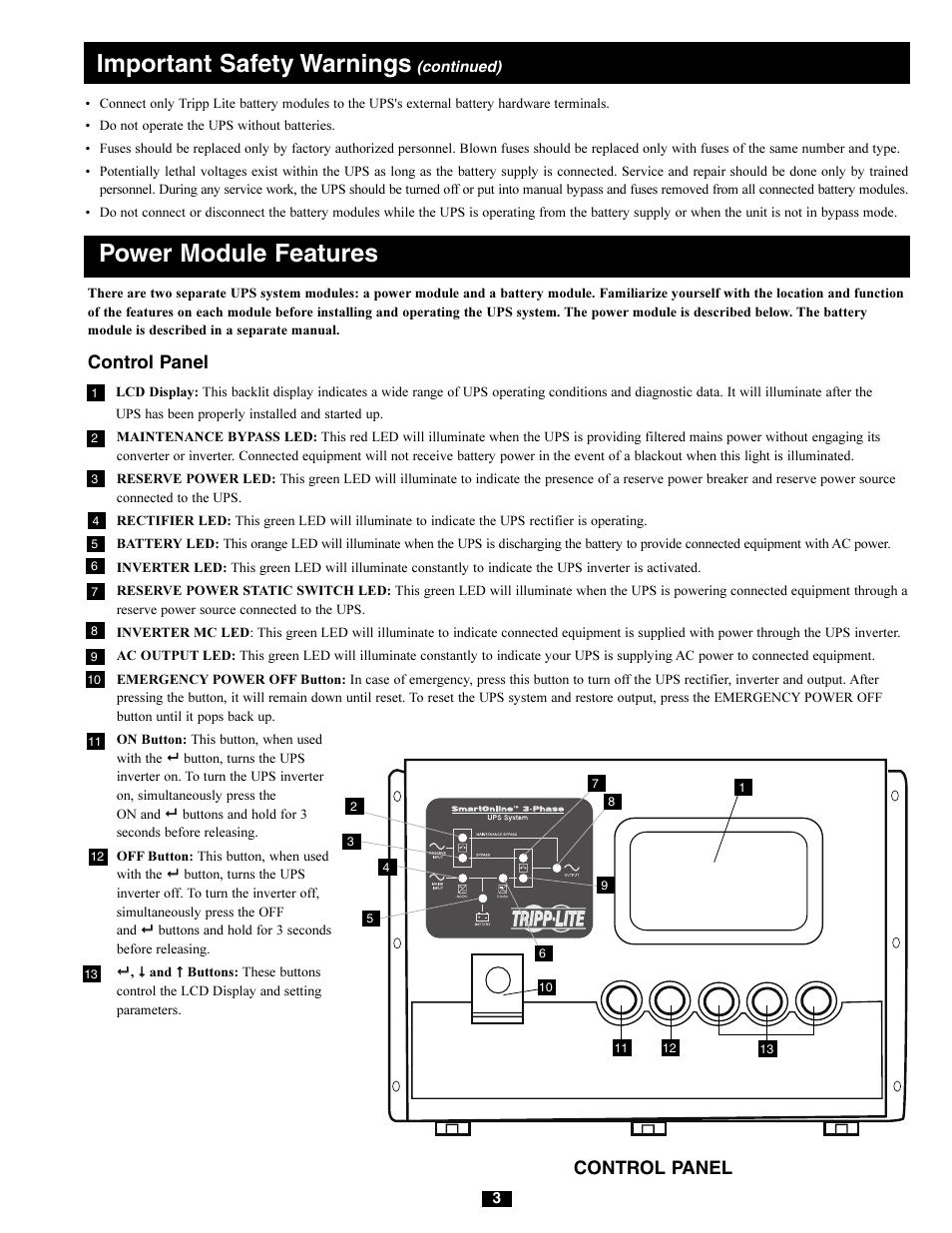 Important safety warnings, Power module features, Control panel | Tripp Lite 220/380V User Manual | Page 3 / 56