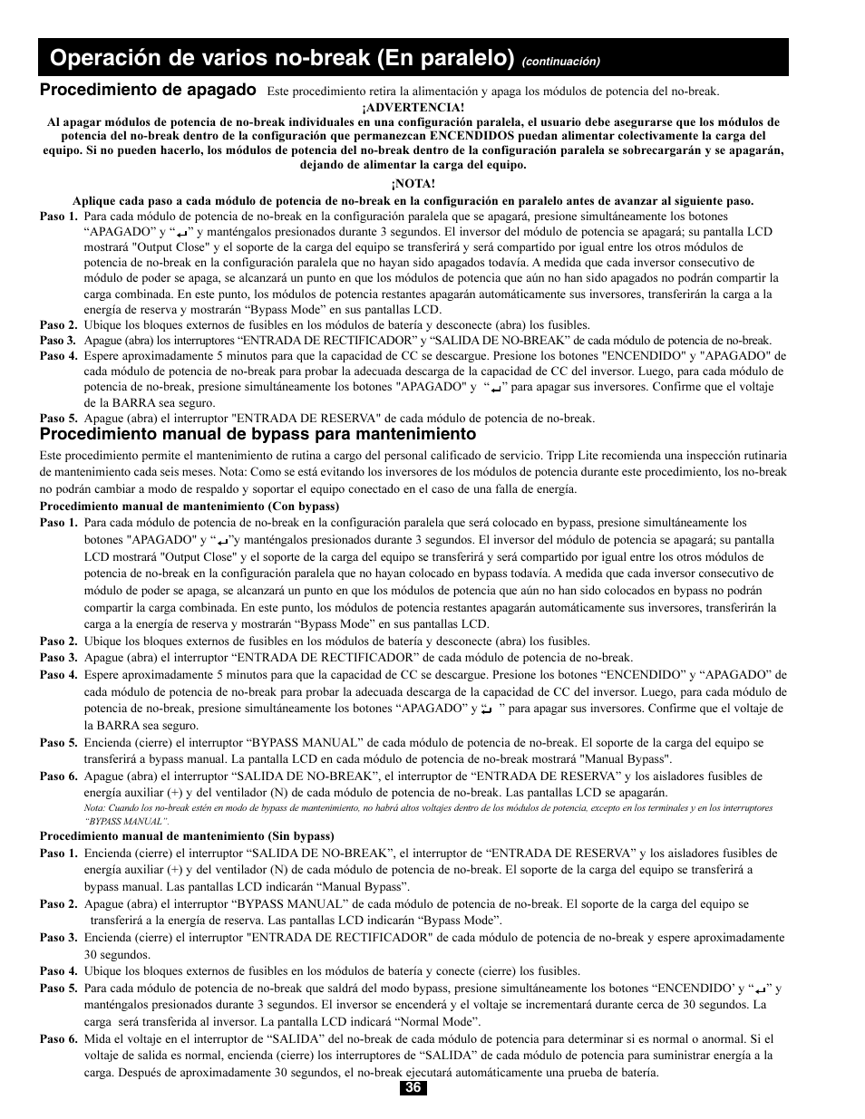 Operación de varios no-break (en paralelo), Procedimiento de apagado, Procedimiento manual de bypass para mantenimiento | Tripp Lite 220/380V User Manual | Page 36 / 56