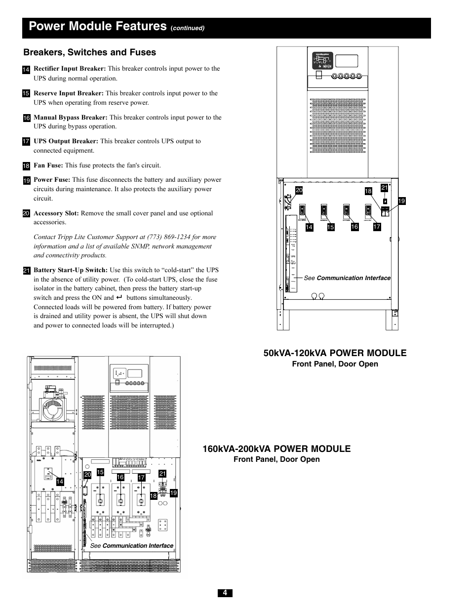 Power module features, Breakers, switches and fuses | Tripp Lite 220/380V User Manual | Page 4 / 56