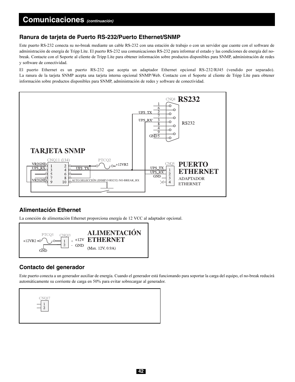 Comunicaciones, Tarjeta snmp, Puerto ethernet | Alimentación ethernet, Contacto del generador | Tripp Lite 220/380V User Manual | Page 42 / 56