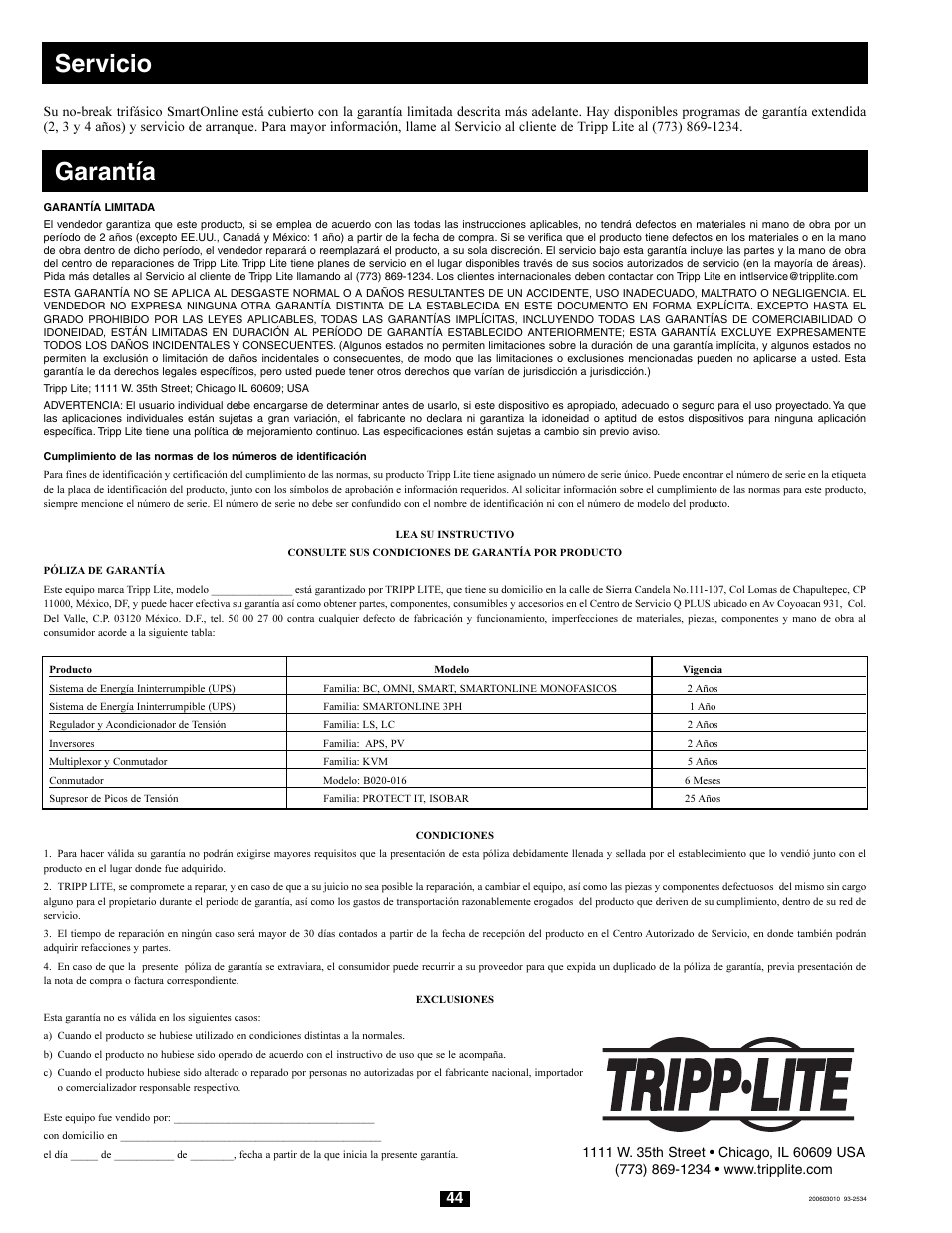 Servicio, Garantía | Tripp Lite 220/380V User Manual | Page 44 / 56