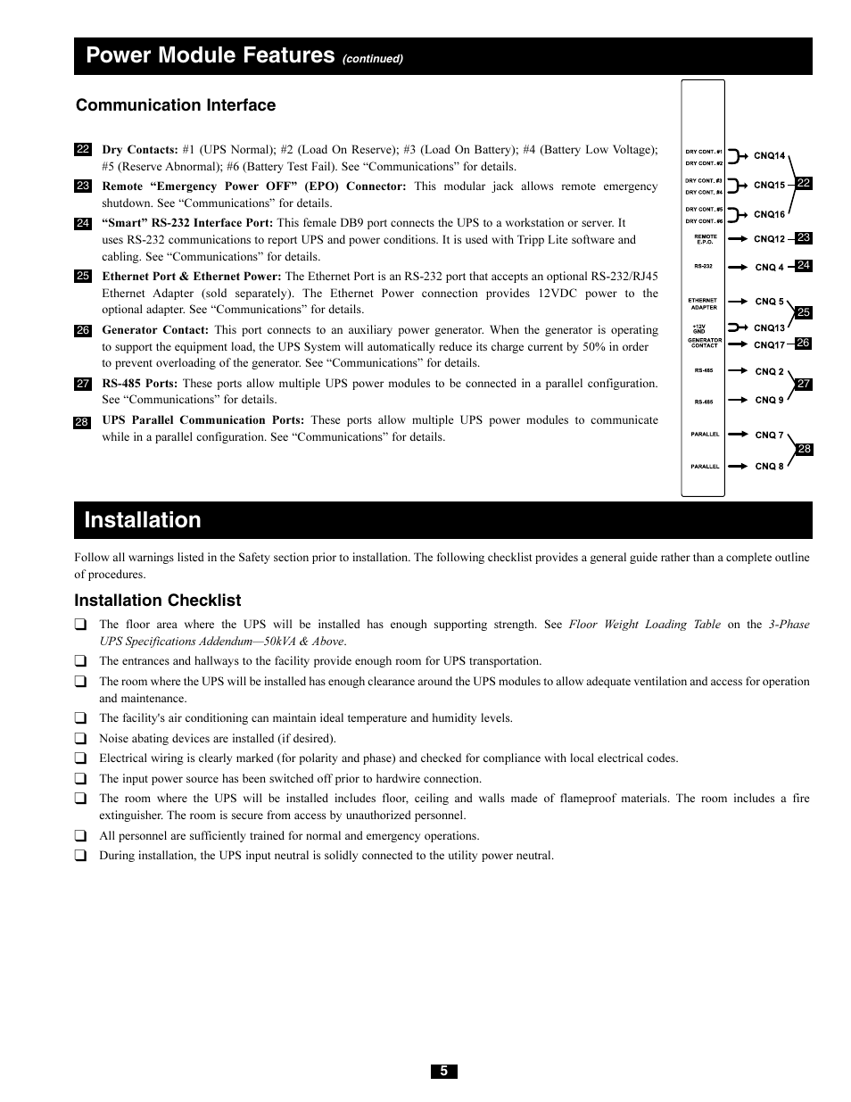 Power module features, Installation, Communication interface | Installation checklist | Tripp Lite 220/380V User Manual | Page 5 / 56