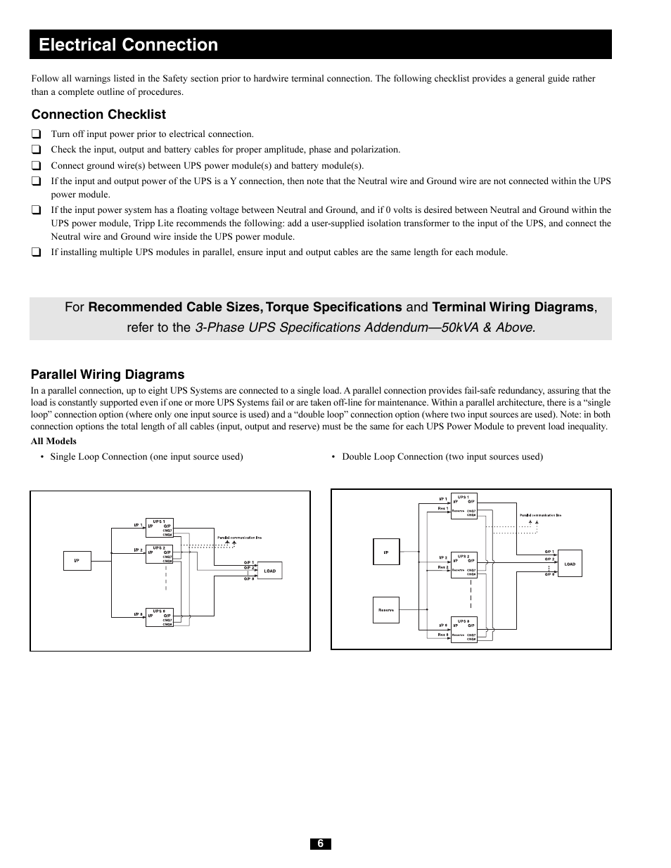 Electrical connection, Phase ups specifications addendum—50kva & above, Parallel wiring diagrams | Connection checklist | Tripp Lite 220/380V User Manual | Page 6 / 56