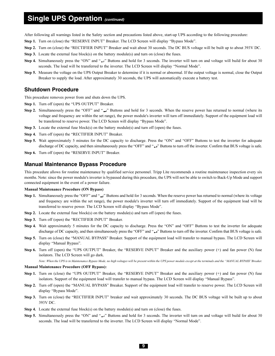 Single ups operation, Shutdown procedure, Manual maintenance bypass procedure | Tripp Lite 220/380V User Manual | Page 9 / 56
