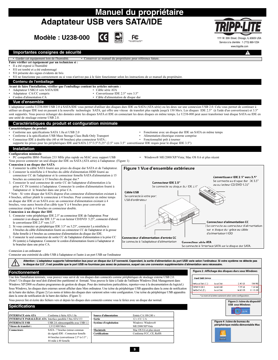 Adaptateur usb vers sata/ide, Manuel du propriétaire, Figure 1 vue d'ensemble extérieure | Importantes consignes de sécurité, Vue d'ensemble, Installation, Fonctionnement, Spécifications | Tripp Lite USB 2.0 to SATA/IDE Combo Adapter U238-000 USB User Manual | Page 3 / 4