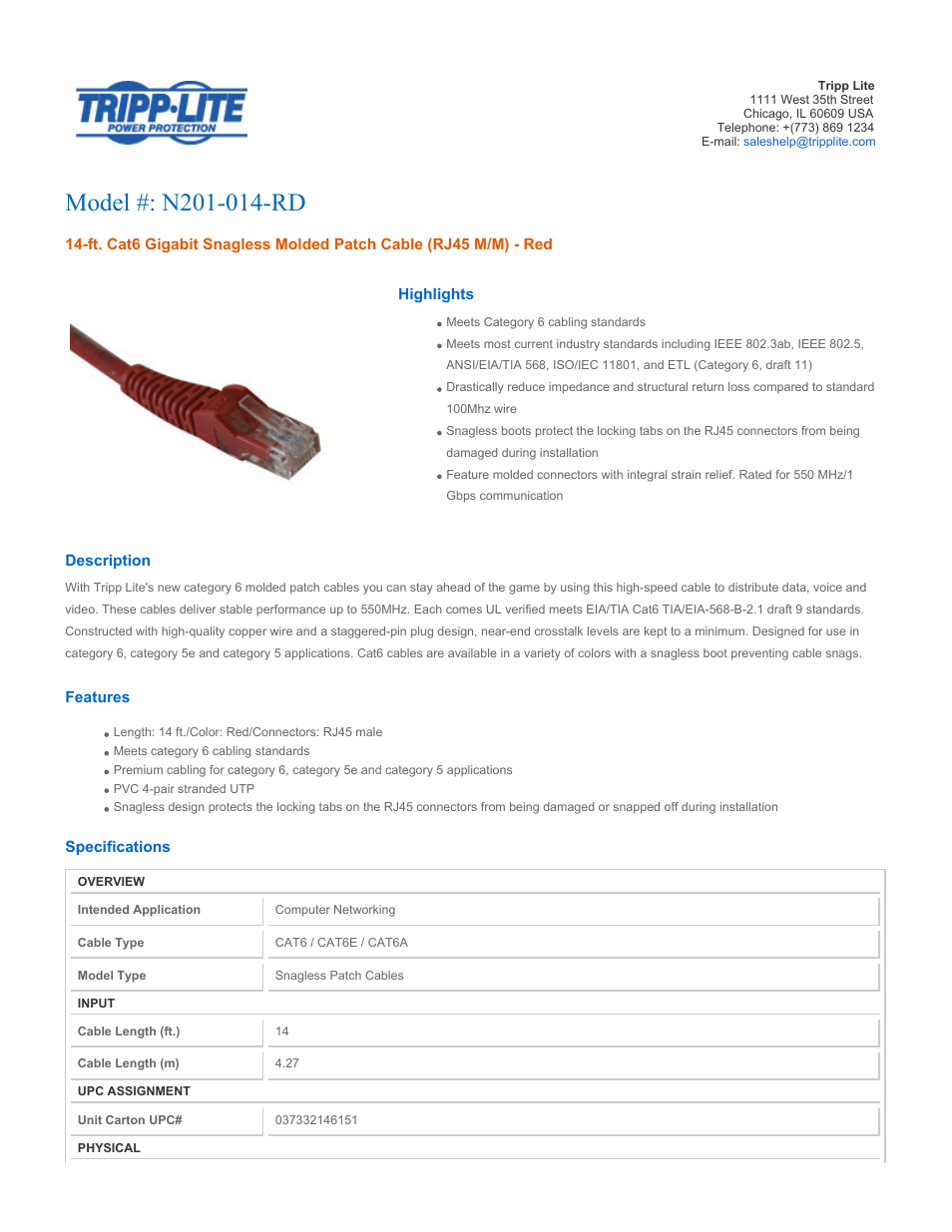 Tripp Lite N201-014-RD User Manual | 2 pages