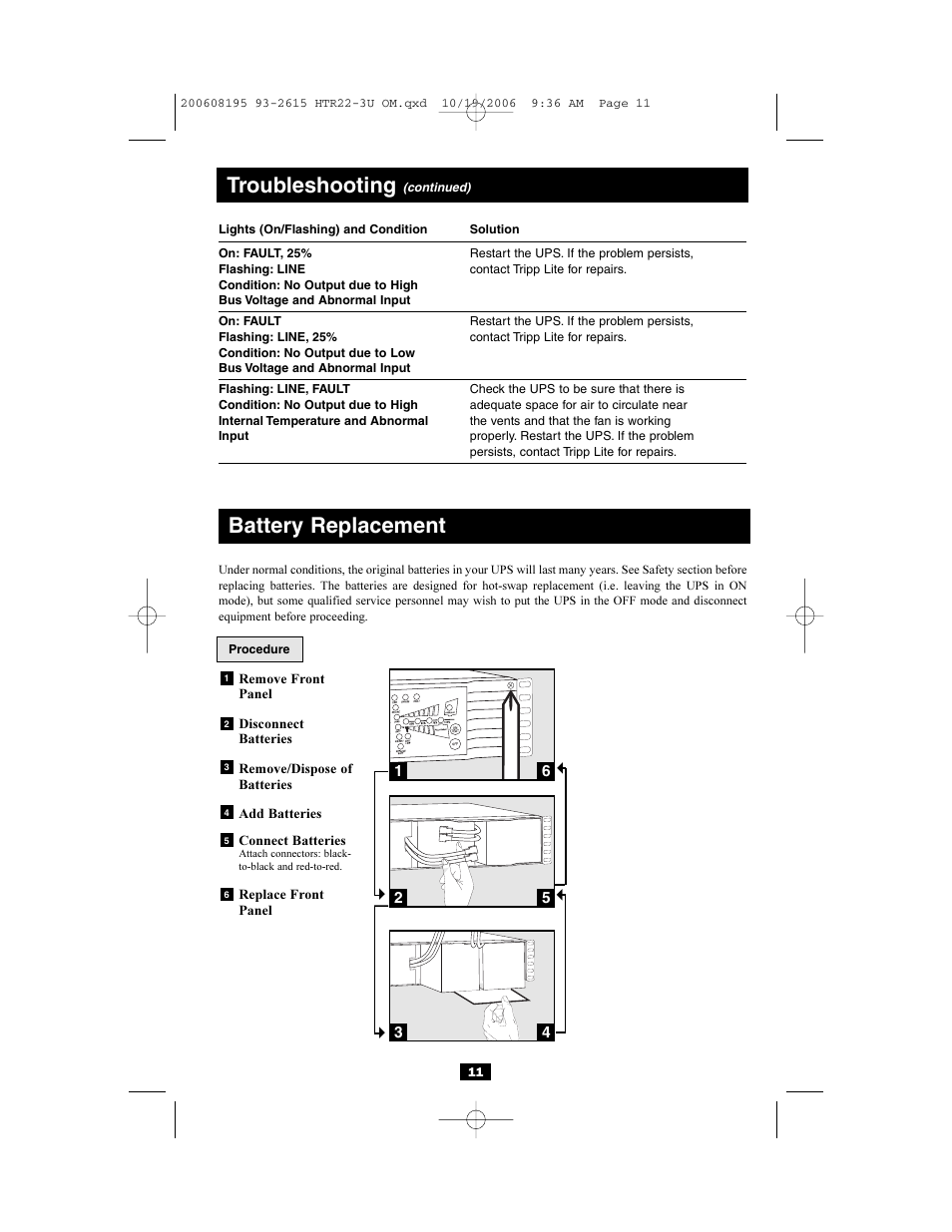 Troubleshooting, Battery replacement | Tripp Lite Audio/Video Pure Sine Wave UPS Systems User Manual | Page 11 / 12