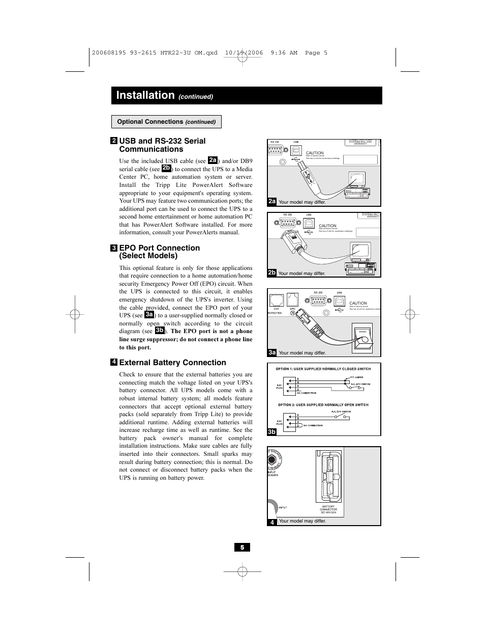 Installation, Usb and rs-232 serial communications, Epo port connection (select models) | External battery connection | Tripp Lite Audio/Video Pure Sine Wave UPS Systems User Manual | Page 5 / 12