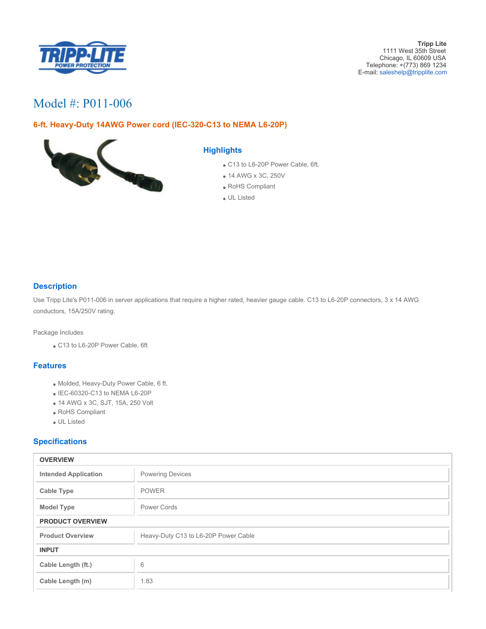 Tripp Lite P011-006 User Manual | 2 pages