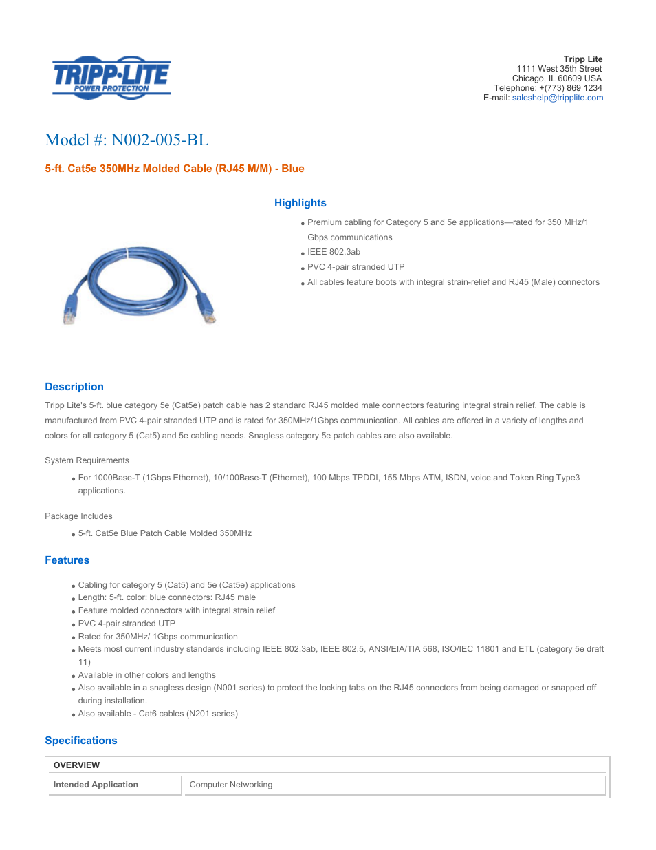 Tripp Lite N002-005-BL User Manual | 3 pages