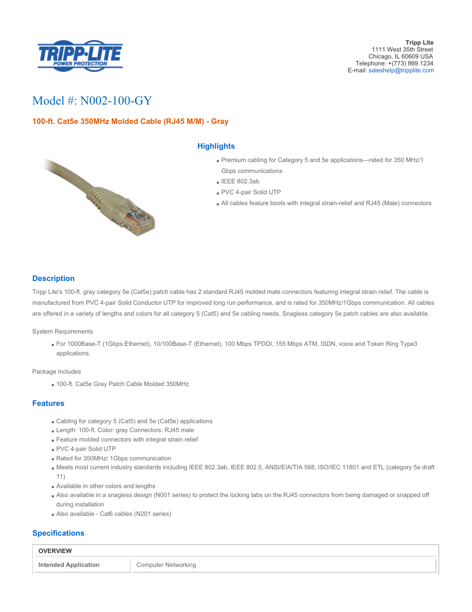 Tripp Lite N002-100-GY User Manual | 3 pages