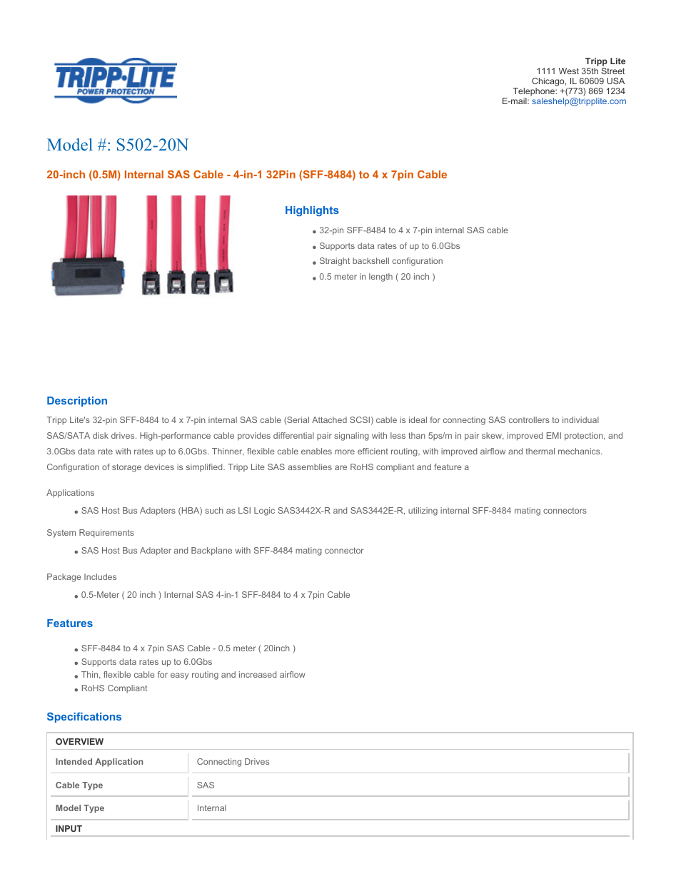 Tripp Lite Internal SAS Cable S502-20N User Manual | 2 pages