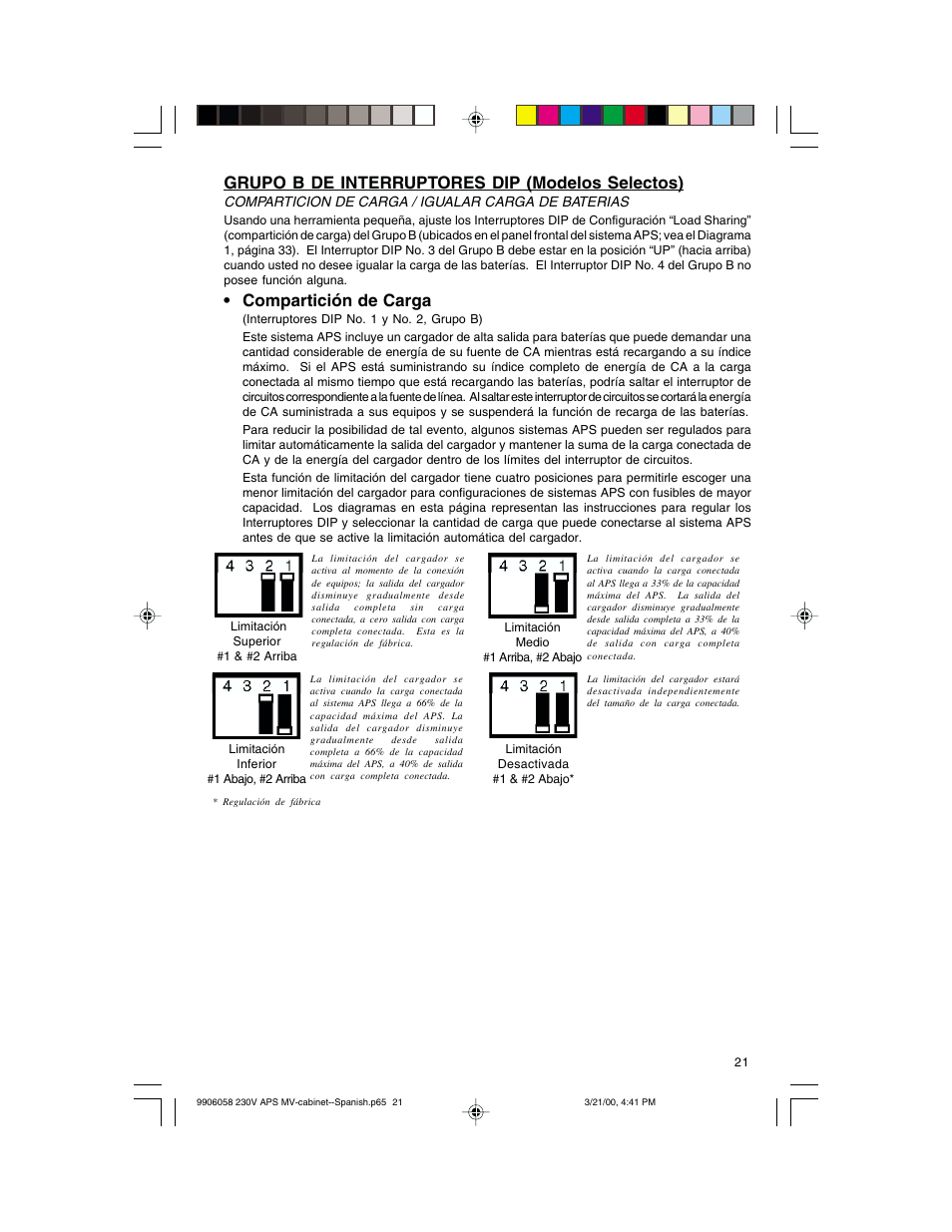 Grupo b de interruptores dip (modelos selectos), Compartición de carga | Tripp Lite APS 912 INT User Manual | Page 21 / 36