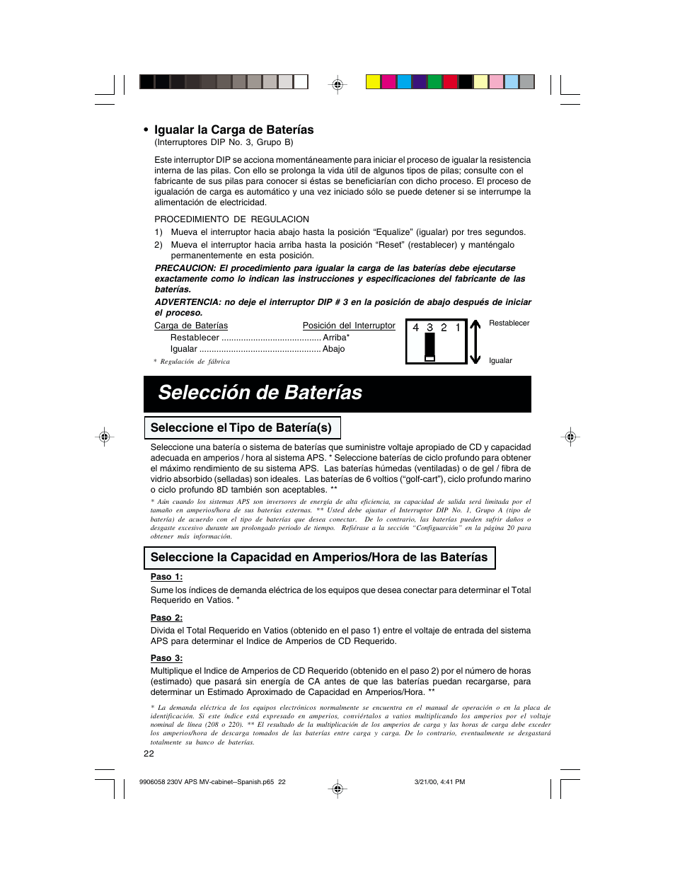 Selección de baterías, Seleccione el tipo de batería(s), Igualar la carga de baterías | Tripp Lite APS 912 INT User Manual | Page 22 / 36