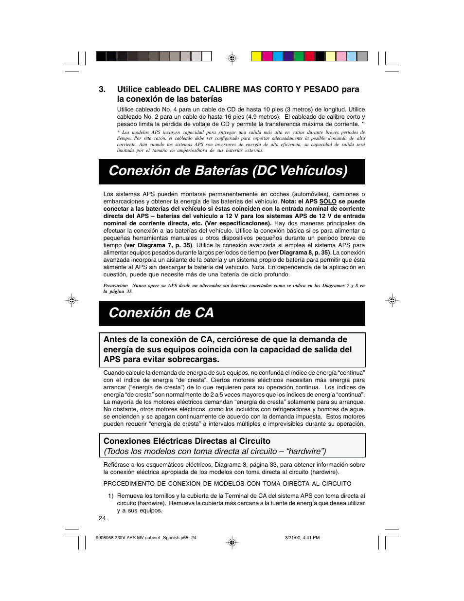 Conexión de ca, Conexión de baterías (dc vehículos) | Tripp Lite APS 912 INT User Manual | Page 24 / 36