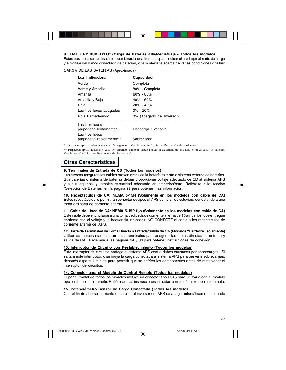 Otras características | Tripp Lite APS 912 INT User Manual | Page 27 / 36