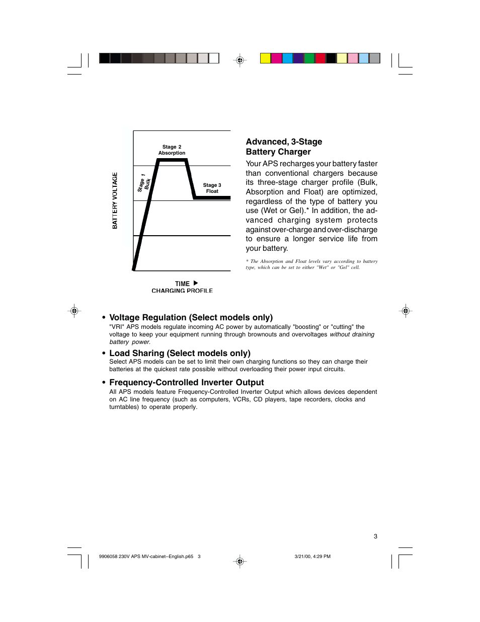 Advanced, 3-stage battery charger, Voltage regulation (select models only), Load sharing (select models only) | Frequency-controlled inverter output | Tripp Lite APS 912 INT User Manual | Page 3 / 36