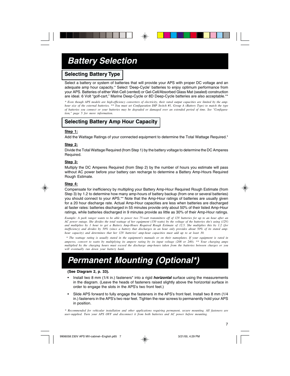 Permanent mounting (optional*) battery selection, Selecting battery type, Selecting battery amp hour capacity | Tripp Lite APS 912 INT User Manual | Page 7 / 36