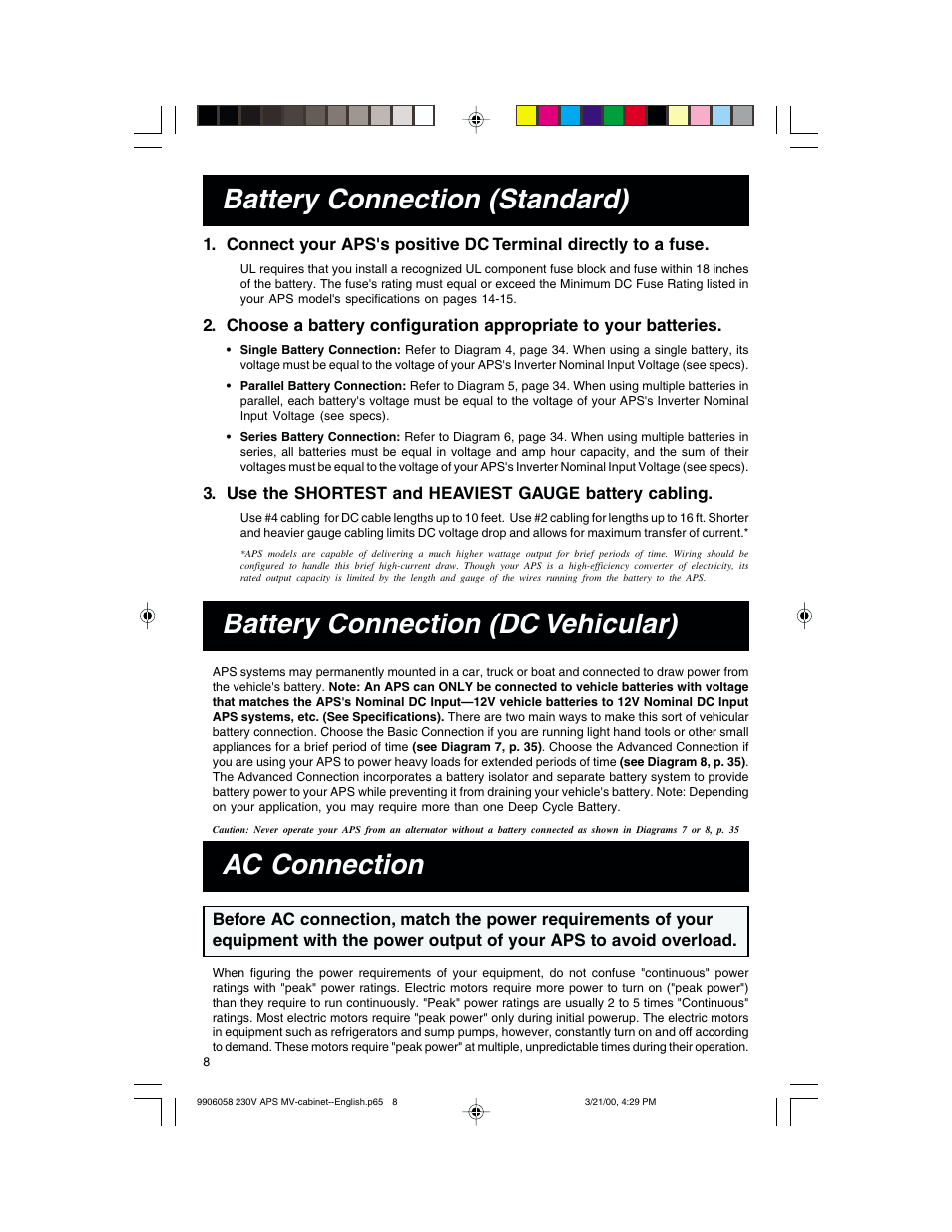 Battery connection (standard), Ac connection, Battery connection (dc vehicular) | Tripp Lite APS 912 INT User Manual | Page 8 / 36