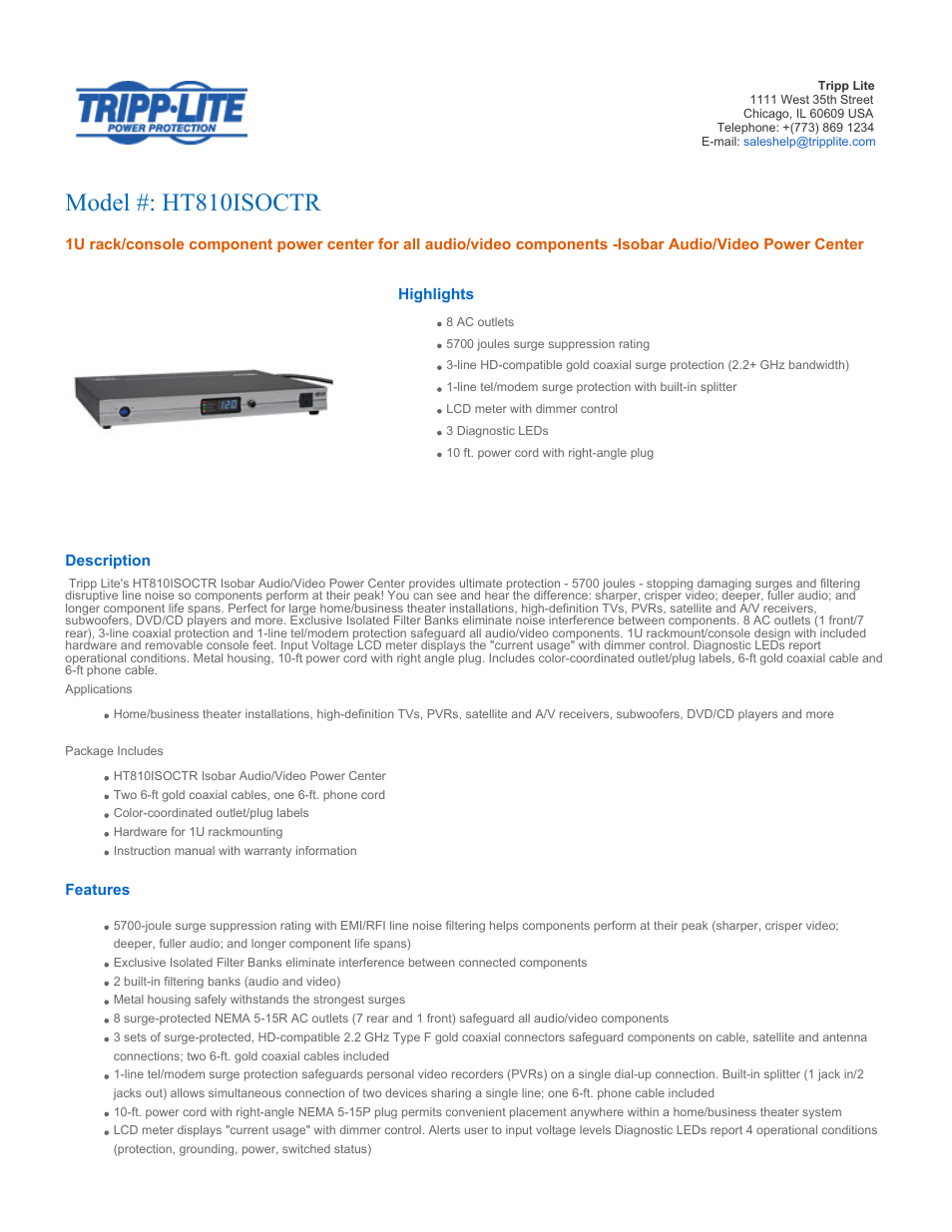 Tripp Lite HT810ISOCTR User Manual | 4 pages