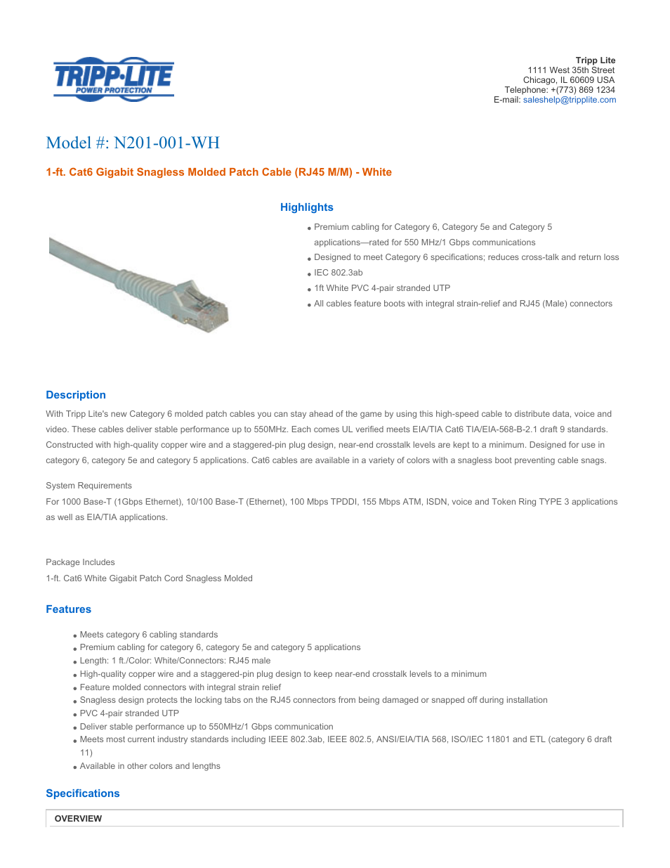 Tripp Lite N201-001-WH User Manual | 2 pages