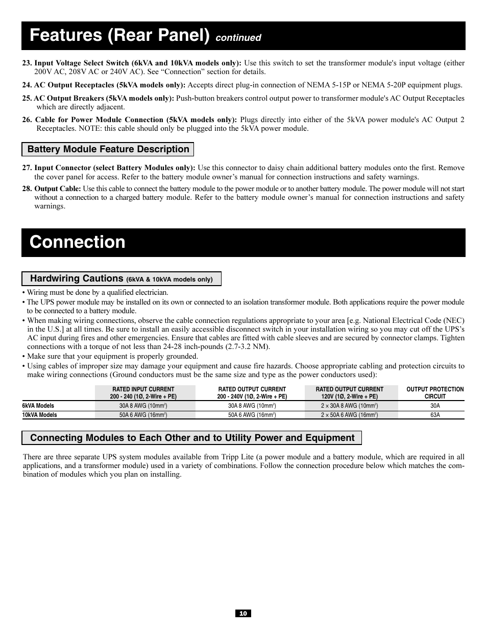 Features (rear panel), Connection, Continued | Battery module feature description, Hardwiring cautions | Tripp Lite 5kVA User Manual | Page 10 / 26