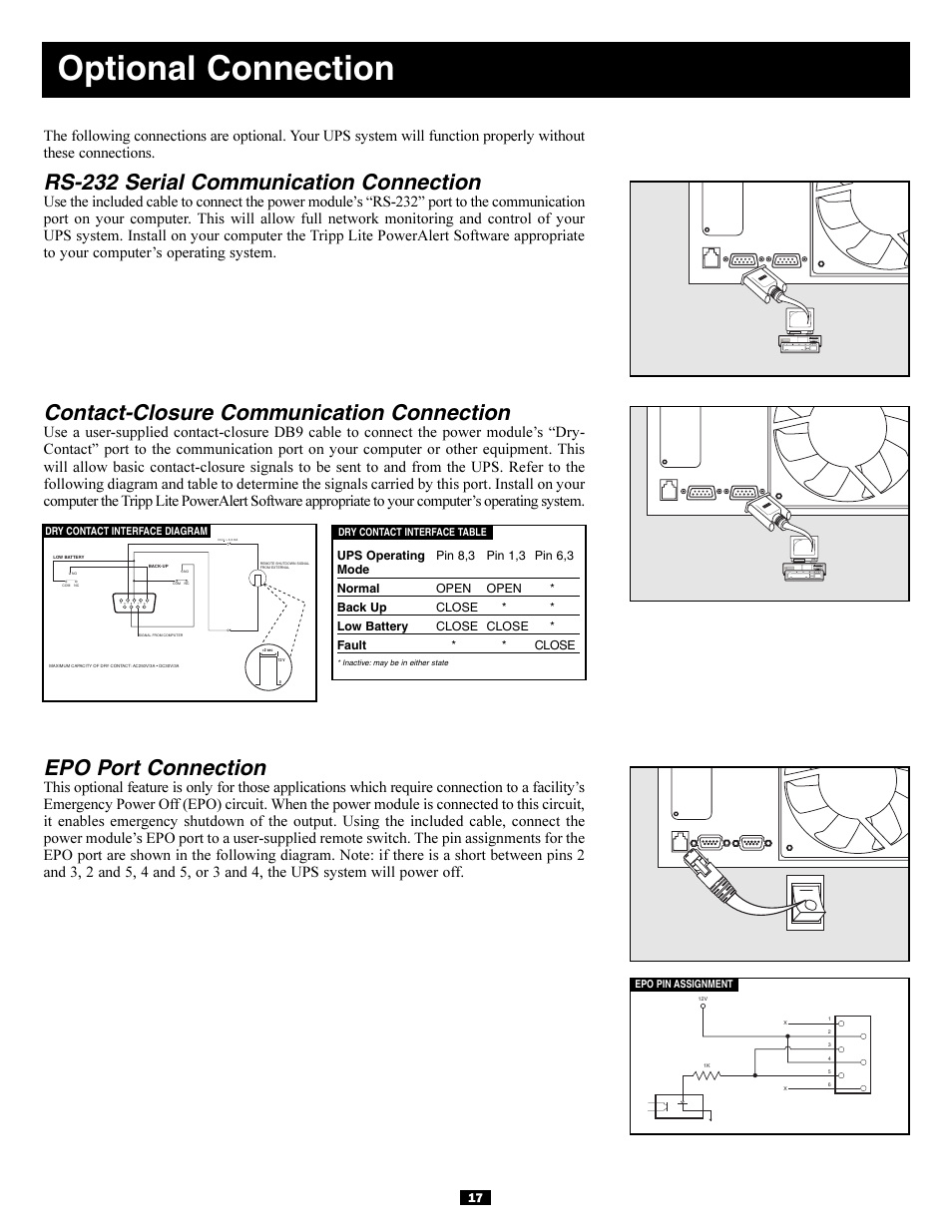Optional connection, Rs-232 serial communication connection, Contact-closure communication connection | Epo port connection | Tripp Lite 5kVA User Manual | Page 17 / 26