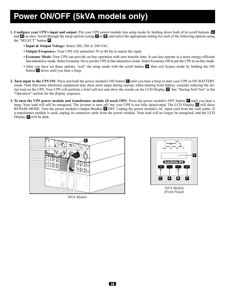 Power on/off (5kva models only) | Tripp Lite 5kVA User Manual | Page 18 / 26