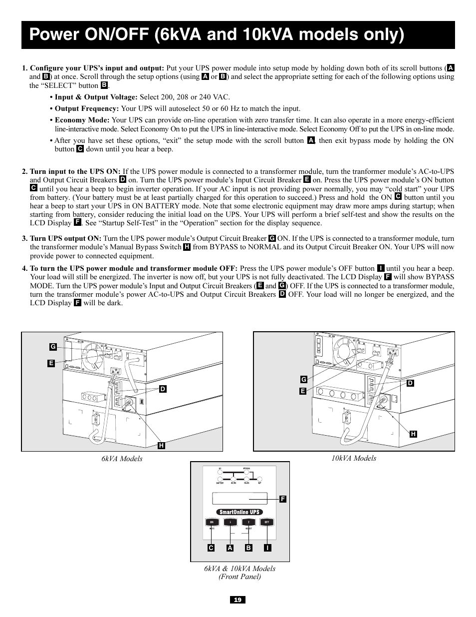 Power on/off (6kva and 10kva models only) | Tripp Lite 5kVA User Manual | Page 19 / 26