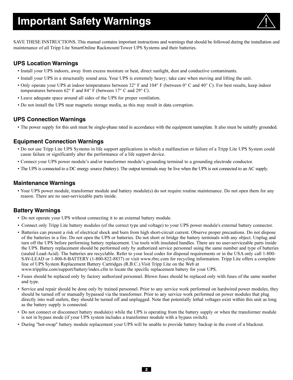 Important safety warnings | Tripp Lite 5kVA User Manual | Page 2 / 26