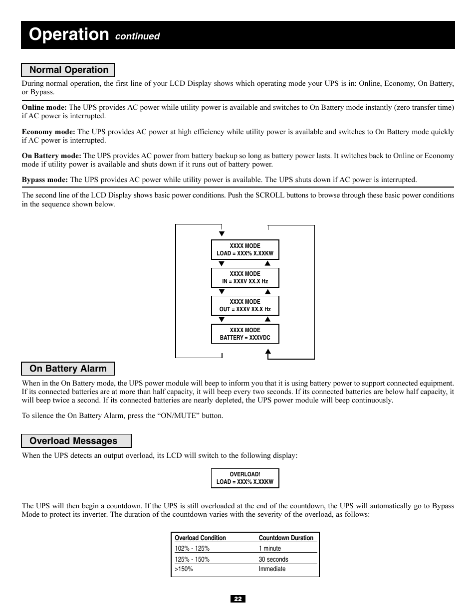 Operation, Continued | Tripp Lite 5kVA User Manual | Page 22 / 26