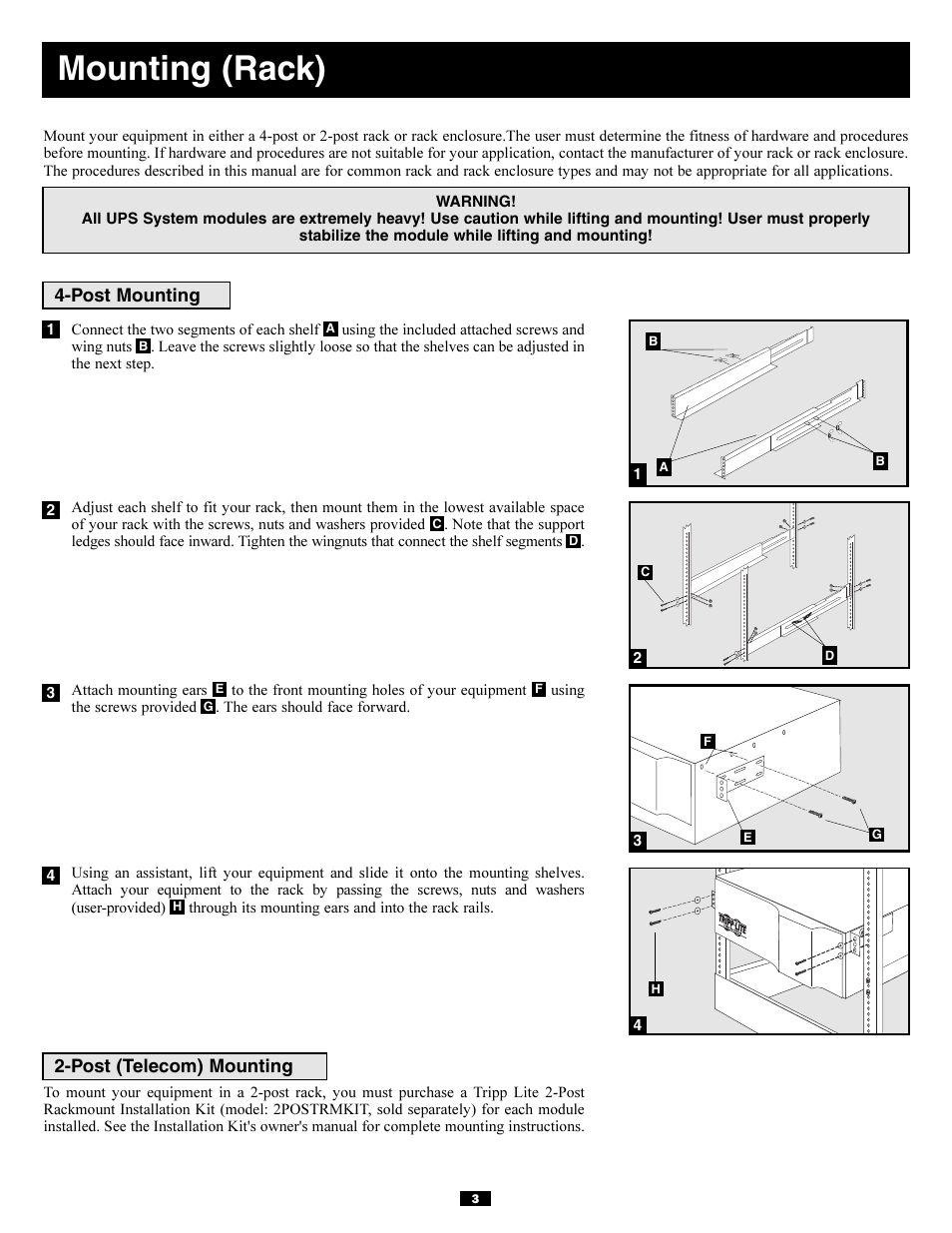 Mounting (rack), Post mounting, Post (telecom) mounting | Tripp Lite 5kVA User Manual | Page 3 / 26