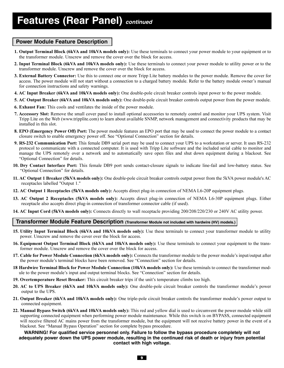 Features (rear panel), Continued | Tripp Lite 5kVA User Manual | Page 9 / 26