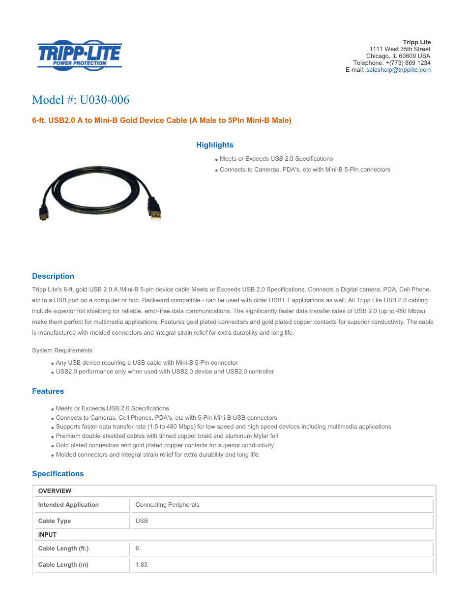 Tripp Lite USB 2.0 A to 5-Pin Mini B Gold Cable U030-006 User Manual | 2 pages