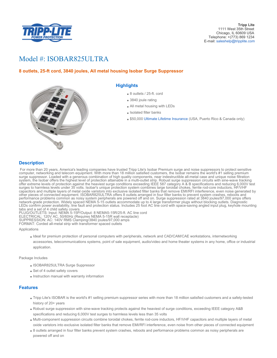 Tripp Lite ISOBAR825ULTRA User Manual | 4 pages