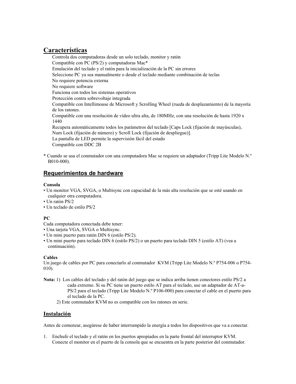 Características, Requerimientos de hardware, Instalación | Tripp Lite B005-002-R User Manual | Page 11 / 25