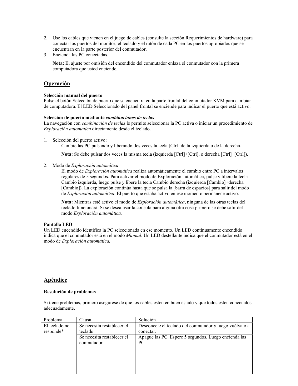 Operación, Selección manual del puerto, Selección de puerto mediante combinaciones de te | Pantalla led, Apéndice | Tripp Lite B005-002-R User Manual | Page 12 / 25
