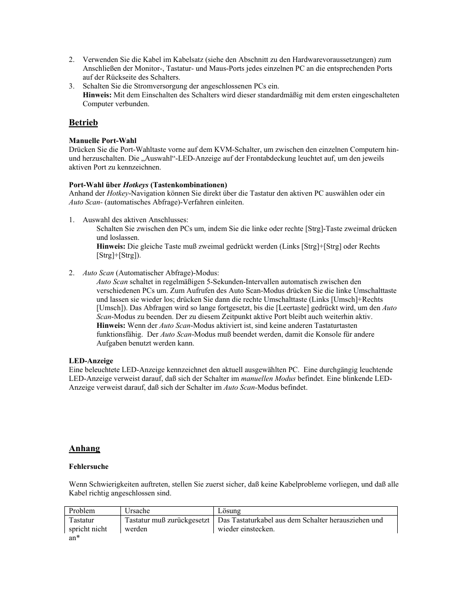 Betrieb, Manuelle port-wahl, Port-wahl über hotkeys \(tastenkombinationen\) | Led-anzeige, Anhang | Tripp Lite B005-002-R User Manual | Page 17 / 25