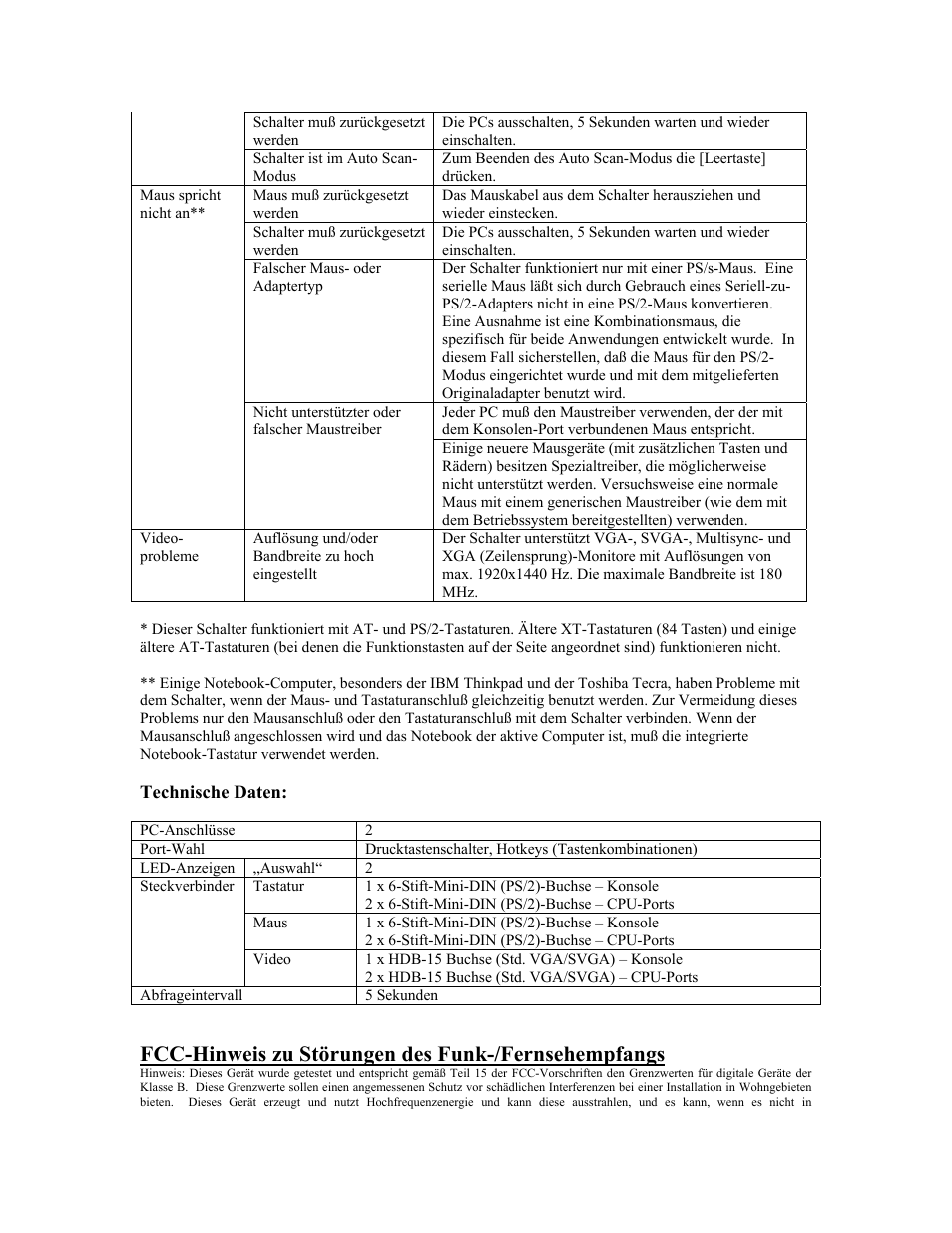 Technische daten, Fcc-hinweis zu störungen des funk-/fernsehempfangs | Tripp Lite B005-002-R User Manual | Page 18 / 25