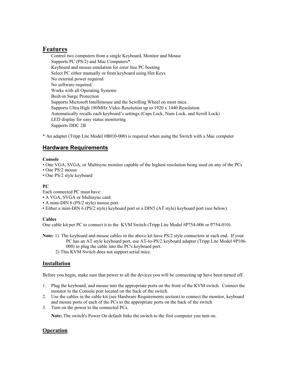 Features, Hardware requirements, Each connected pc must have | Installation, Operation | Tripp Lite B005-002-R User Manual | Page 2 / 25
