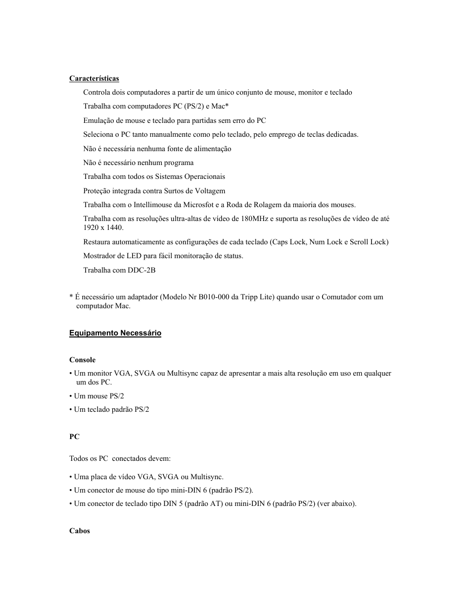 Características, Equipamento necessário | Tripp Lite B005-002-R User Manual | Page 21 / 25
