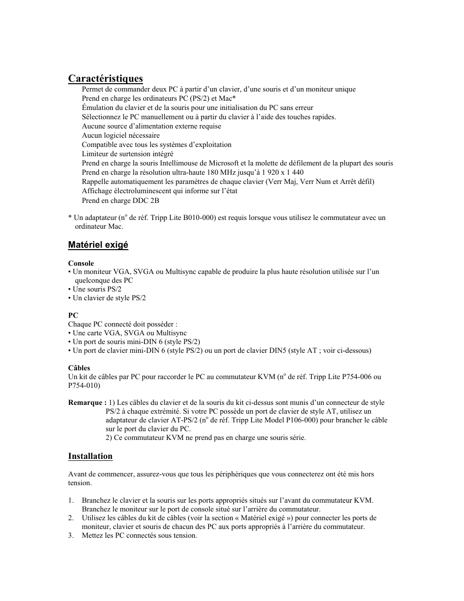 Caractéristiques, Matériel exigé, Chaque pc connecté doit posséder | Installation | Tripp Lite B005-002-R User Manual | Page 6 / 25
