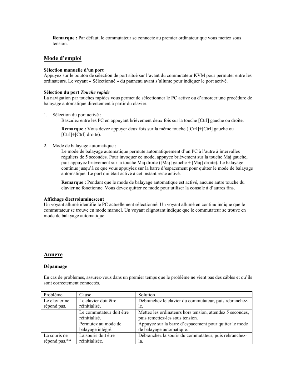 Mode d’emploi, Sélection manuelle d’un port, Sélection du port touche rapide | Affichage électroluminescent, Annexe | Tripp Lite B005-002-R User Manual | Page 7 / 25