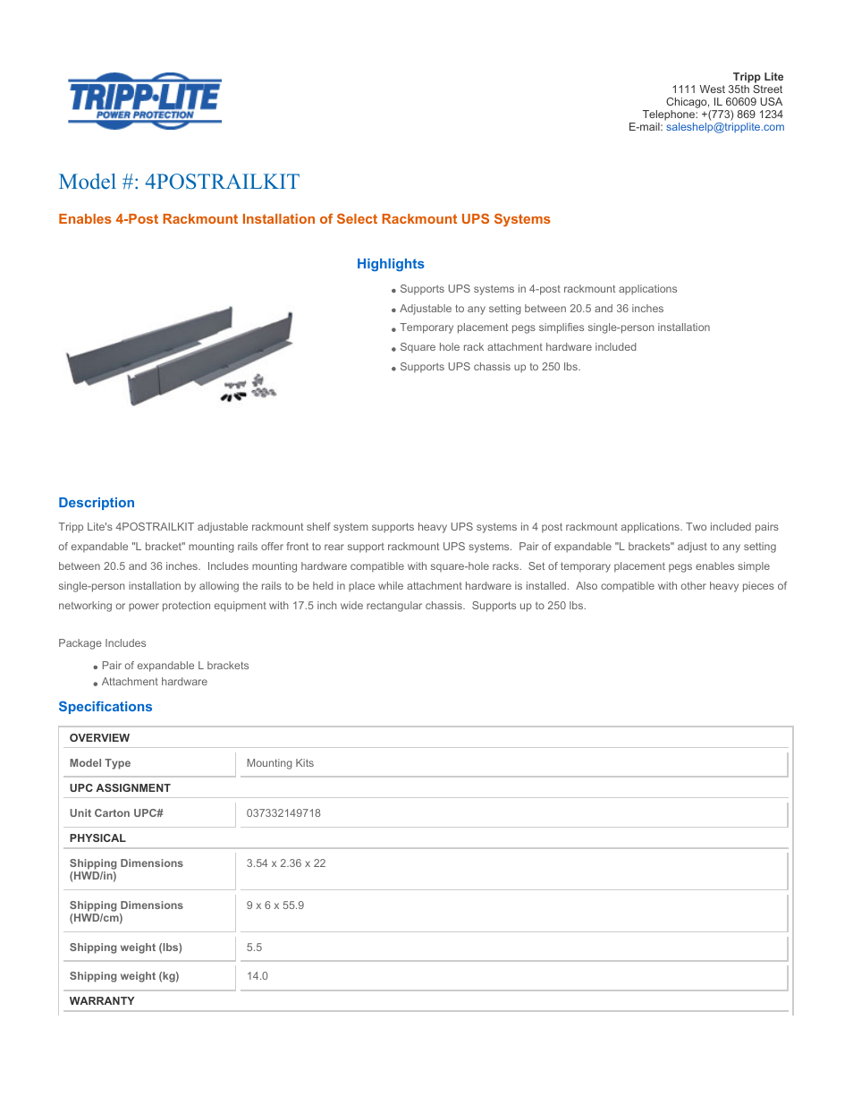 Tripp Lite 4POSTRAILKIT User Manual | 2 pages